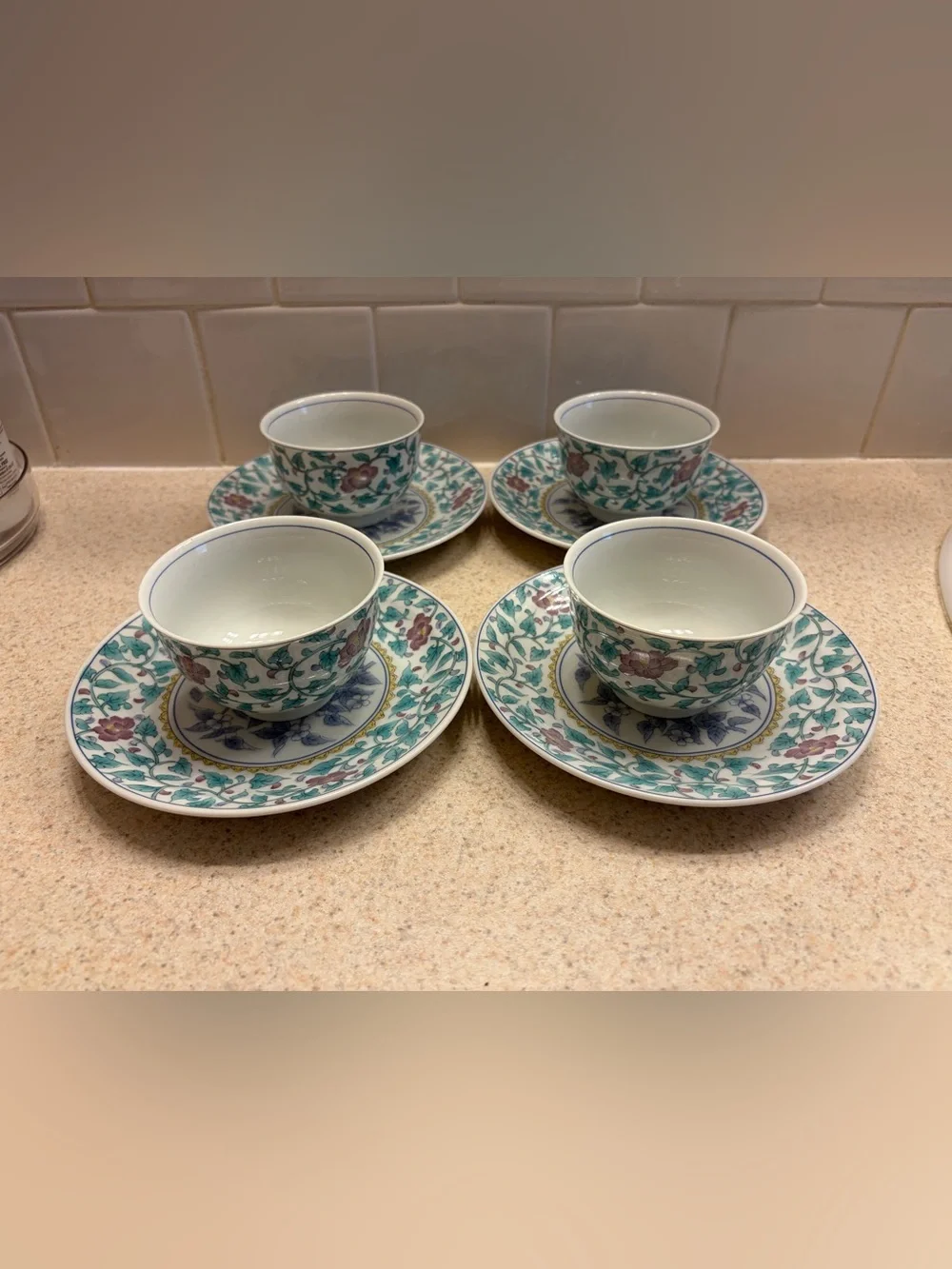 Vintage Arita Floral Porcelain Tea Cup and Saucer Set - Green and Pink